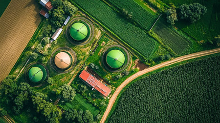 Aerial View of Sustainable Green Biogas Plant Surrounded by Fertile Agricultural Fields in Europeの素材