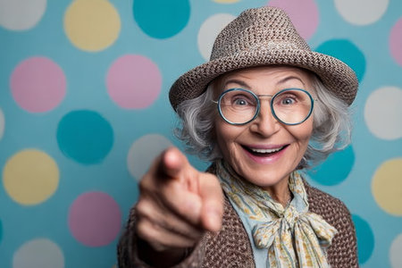 Cheerful and Funny Elderly Woman Smiling and Pointing at You, Grandmother with Hat and Glassesの素材