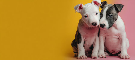 Two Playful Bull Terrier Puppies on a Bright Yellow and Pink Background, Adorable Pet Portraitsの素材