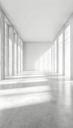 Bright and Spacious White Corridor with Elegant Illumination and Modern Architectural Elementsの素材