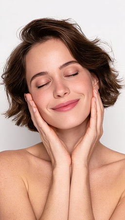 Joyful woman with closed eyes, gently touching her face, radiating beauty in soft natural lightの素材