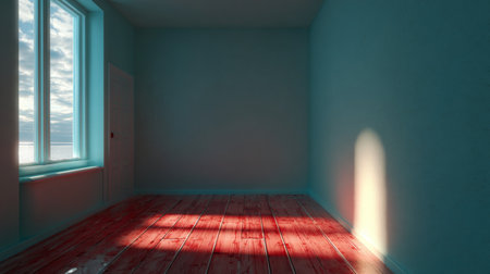 Bright and Serene Empty Room with Wooden Floor Bathed in Warm Sunlight from Large Windowの素材