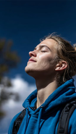 Breathing in Fresh Air and Embracing Nature s Beauty at the Forest Edge on a Sunny Dayの素材