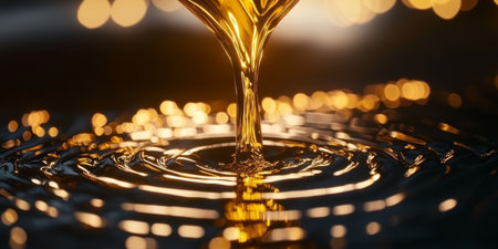 Luminous Honey Stream Cascading into Dark Liquid Surface, Creating Mesmerizing Ripples and Lightの素材