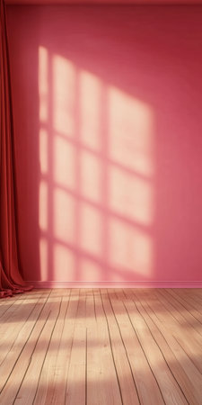 Tranquil minimalist room with pink walls and soft sunlight creating a cozy atmosphere.の素材