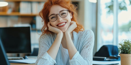 Portrait of Cheerful Happy Businesswoman with Red Hair, Smiling Looking at Camera, Office Backgroundの素材