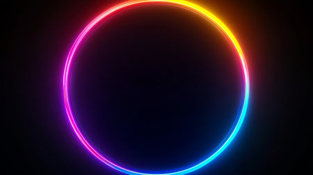 Vibrant Neon Rainbow Circle on Black Background, Abstract Design Element for Futuristic Concepts.の素材