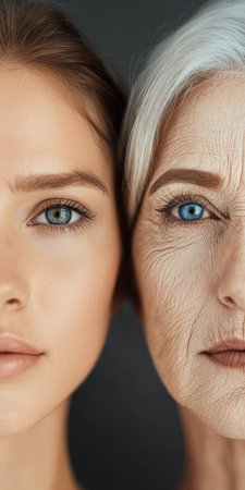 Aging Process, Beauty Standards, Young And Old Woman Faces, Skincare, Time Passage, Generationsの素材
