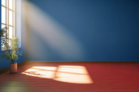 Minimalist Interior with Blue Wall, Sunlit Room, Wood Floor and Sunlight From Window, 3D Renderの素材