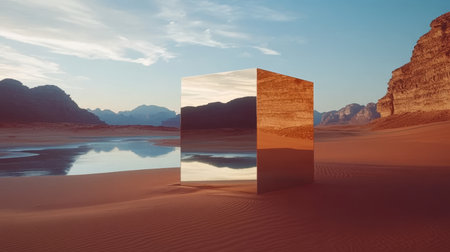 Mirrored Structure Reflecting Desert Beauty and Tranquility, Alula Region, Saudi Arabiaの素材