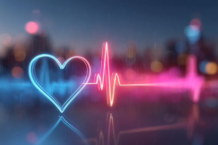 Neon Heart Outline, Vivid Heartbeat Line, Bokeh City Lights Background, Healthcare, Technologyの素材