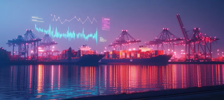 Vibrant Nighttime Seaport with Floating Data Visualizations and Dynamic Shipping Yard Activitiesの素材