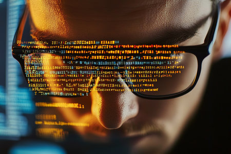 Cybersecurity Expert Analyzing Complex Code Through Reflective Glasses While Ensuring Data Safetyの素材