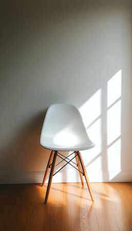 Contemporary Interior Design with Stylish Chair, Hardwood Floor, and Minimalist Lighting Ambianceの素材