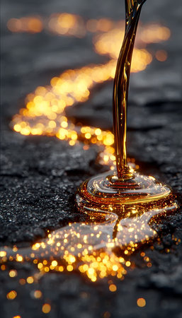 A Mysterious Stream of Liquid Gold Flowing Over Dark Stones with Shiny Drips and Rich Ambianceの素材