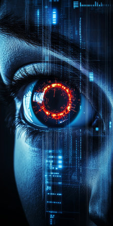 AI Technology for Eye and Face Recognition Modern Biometric System Close-Up Concept Imageの素材
