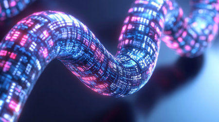 Abstract Network Connection of Interlaced Cables with Glowing Data Stream Signals in Complex Designの素材