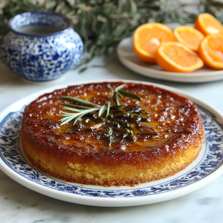 Upside Down Orange Cake with Rosemary and Honey on Decorative Plate, Mediterranean Still Lifeの素材