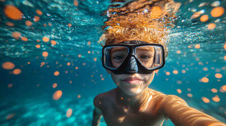 Underwater Selfie A Young Boy Explores the Beauty of a Tropical Reef, Snorkeling Adventureの素材