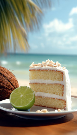 Slice of Tropical Coconut Layer Cake with Lime. Dessert on a White Plate on a Beach with Ocean View.の素材