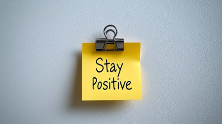 Stay Positive Reminder. Yellow Sticky Note with Stay Positive Message on White Background.の素材