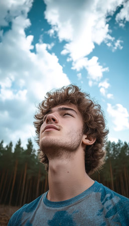 Young Man with Curly Hair Looking Up at a Blue Cloudy Sky, Expressing Peace and Serenity.の素材