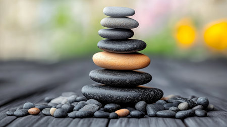Zen Stone Tower on Weathered Wood A Tranquil Balance for Peaceful Meditation and Calmness Artの素材