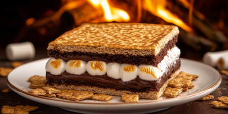 Decadent S mores Cake Slice with Toasted Marshmallows, Chocolate, and Graham Cracker Crust by Fireの素材