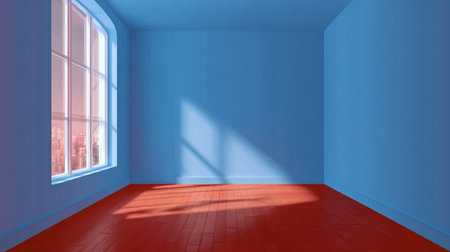 Minimalistic Aesthetics in a Spacious Light Blue Room with Red Wood Floor and Sunlit Windowの素材