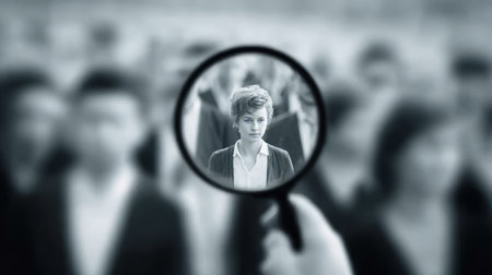 Exploring Individuality A Close-Up of a Woman s Face Amidst a Gray Crowd Under Magnificationの素材