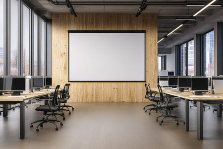 Bright Modern Office Interior with Blank Promotional Space for Team Collaboration and Productivityの素材
