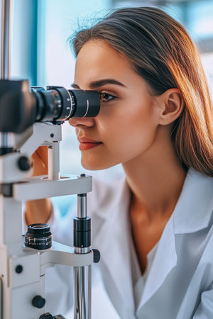 Doctor Using Advanced Ophthalmic Technology to Diagnose Vision and Promote Healthy Eyes Careの素材