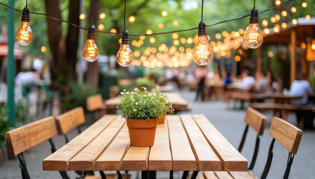 Outdoor Cafe, Wooden Tables with Empty Chairs, String Lights, Blurred People, Summer Evening.の素材