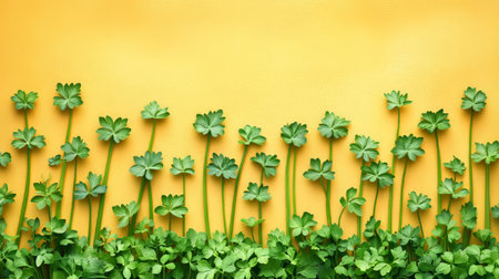 Fresh, Vibrant Green Celery Stalks Arranged in a Row on a Sunny Yellow Background, Food Photographyの素材