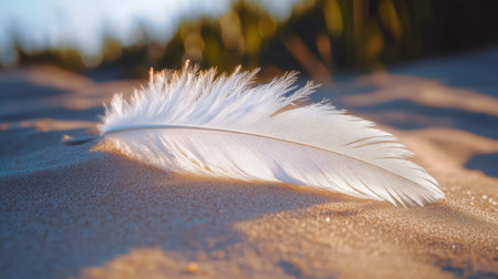 Symbol of Freedom, Single White Feather Rests on the Warm, Golden Sand of a Beach at Sunsetの素材