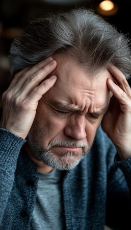 Stressed Senior Man Feeling Headache, Hands On Head , Retirement And Health Problems Concept.の素材