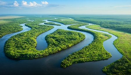 Serene Meandering Rivers Through Lush Green Wetlands, Aerial View of Untouched Natureの素材