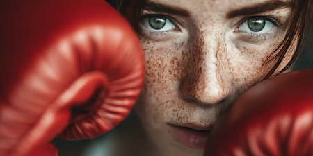 Focused Female Boxer With Intense Gaze Prepares for a Fight Ready to Strike With Boxing Glovesの素材