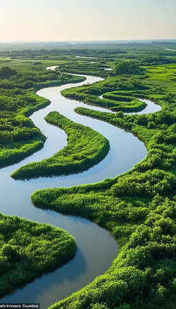 Winding River Through a Green Wetland, Aerial View of Serpentine Channels and Lush Landscapeの素材