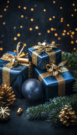 Elegant Christmas gift boxes, ornament, and pine cones in warm gold and night blue, copy spaceの素材