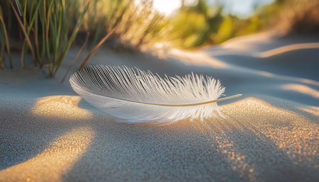 Serene Simplicity Delicate White Feather Rests on Sunlit Sand, Summer Beach Tranquility.の素材