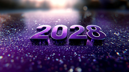 3D Number 2028 on Shimmering Purple Glitter Background with Dreamy Bokeh. New Years Concept.の素材