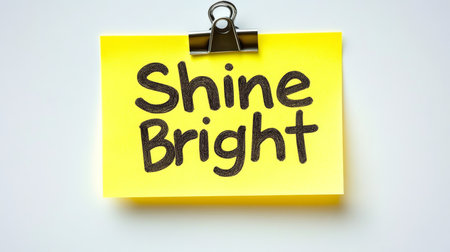 Bright Yellow Sticky Note with the Inspirational Message Shine Bright, Isolated on Whiteの素材