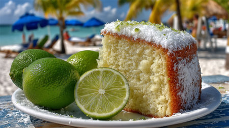 Slice of Coconut Lime Cake with Lime Zest and Toasted Coconut On a Beach Background.の素材