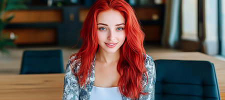 Portrait of a Confident Young Woman with Vibrant Red Hair in a Modern Office Environmentの素材