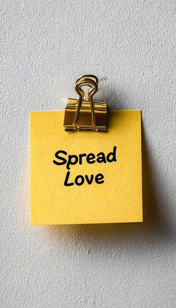 Yellow Sticky Note With A Gold Paper Clip And The Words Spread Love. On A White Backgroundの素材