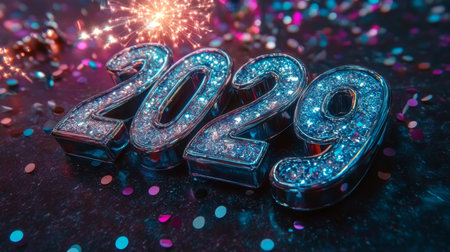 Sparkling Silver 2029 New Year Celebration with Festive Fireworks and Colorful Confettiの素材