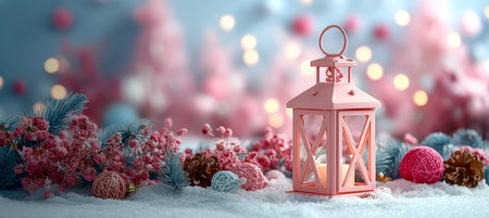 Pink Lantern and Christmas Ornaments on Snowy Surface, Festive Bokeh Lights Backgroundの素材