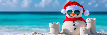 Joyful Christmas Celebration on the Beach with Santa Hat Sandman and Bright Summer Sunshine Funの素材