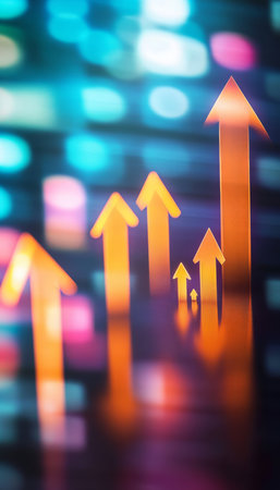 Progress, Energy, And Growth Vibrant Arrows Soaring Upwards Against A Colorful Bokeh Backgroundの素材